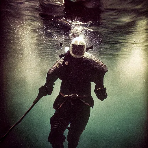 Prompt: Close up underwater photo of a medieval knight by Trent Parke, clean, detailed, Magnum photos