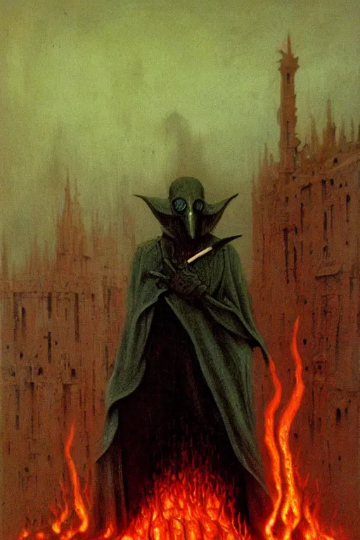 Image similar to plague doctor from iron gridle but human form, destroyed city and flames by zdzislaw beksinski, color