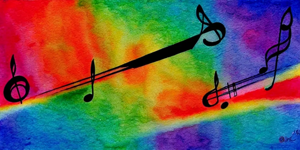 Prompt: musical notes in a prism rainbow, a curvy staff of musical notation flowing out of a prism rainbow. comic book panel background, muted colors, dreamy watercolor wash, in the style of Pink Floyd Dark Side of the Moon