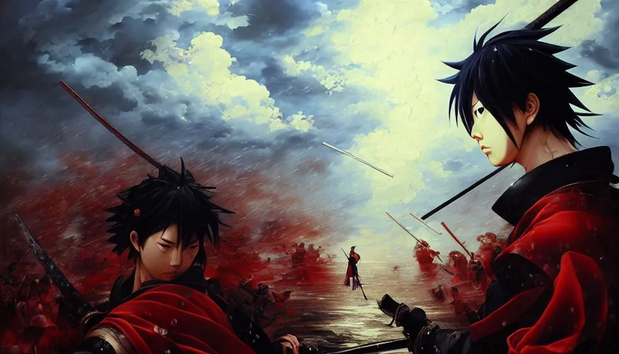 Image similar to baroque oil painting of key visual great samurai war, many warriors, rain, romantic, storm, final fantasy, akira kurosawa, fake detail, trending pixiv fanbox, acrylic palette knife, style of makoto shinkai takashi takeuchi yoshiyuki sadamoto greg rutkowski chiho aoshima, artstation, manga