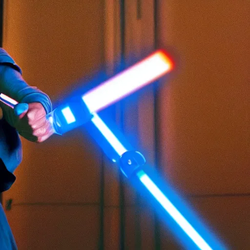Image similar to jedi holding a blue light saber, arms wide apart, shouting at the camera