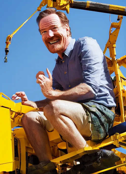 Image similar to closeup portrait of cheerful bryan cranston operating a crane, sitting in a crane, yellow hardhat, sitting in a crane, natural light, bloom, detailed face, magazine, press, photo, steve mccurry, david lazar, canon, nikon, focus