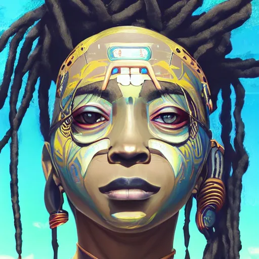 Prompt: dreads - cyberpunk deities and their creations, gods and men, manifesting dreams with kemetic magic in a modern world | hyperrealistic digital painting | by makoto shinkai, ilya kuvshinov, lois van baarle, rossdraws, basquiat | afrofuturism, in the style of surrealism, trending on artstation | dark color scheme