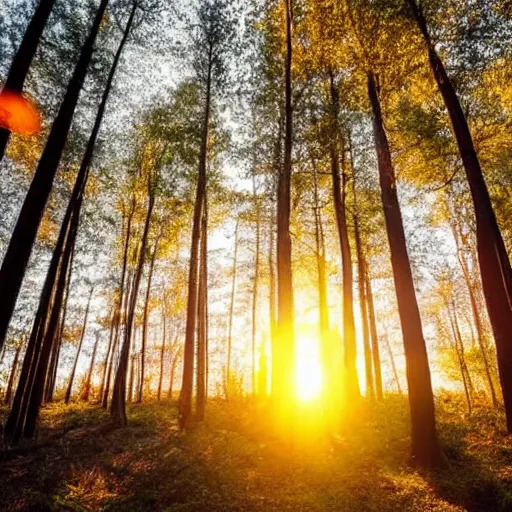 Image similar to calm peaceful forest during sunset, 8k hd, light reflection, relaxing, alone, first person