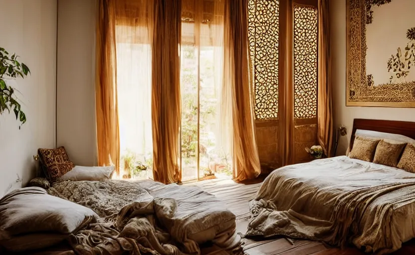 Image similar to an oriental persian style bedroom, minimalistic, bed, huge windows with a view on lush trees, ocher, walnut wood, white, beige, arabian, 1001 nights, feng shui, dawn, potted plants, bohemian, turquoise, ocher, swedish design