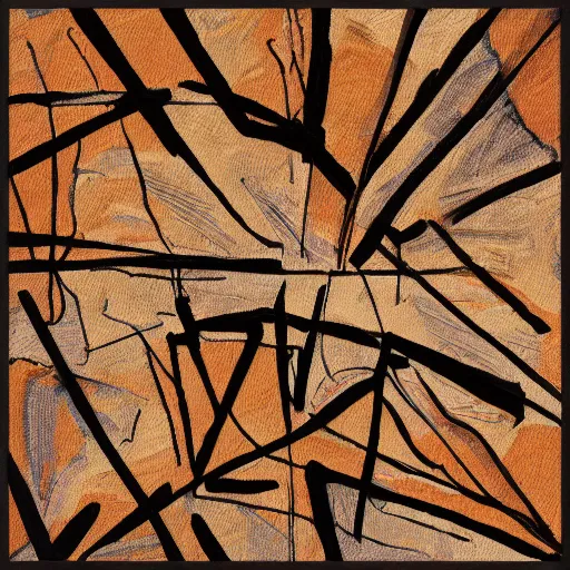 Image similar to masterpiece intricate abstract painting of hundreds of small square rocky shapes emerging in rich earthy tones. abstract quality with an engineered look. wind blown sketch lines. even light.