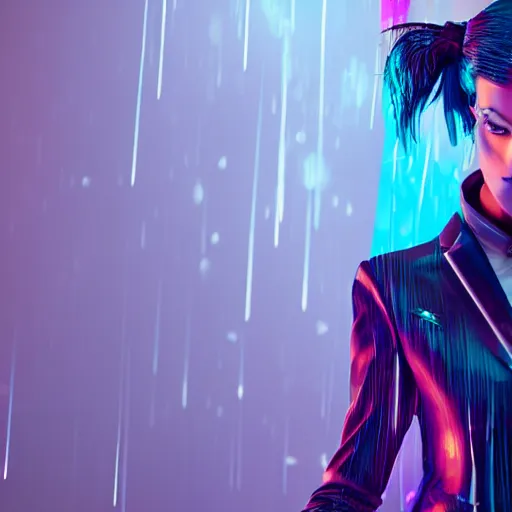 Image similar to epic cartoon women portrait made out of rain, pinstripe suit, short hair, cyberpunk background, rendered in octane, unreal engine, highly detailed, trending on artstation, realistic, splashes of neon, beautiful