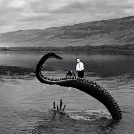 Image similar to Sir David Attenborough at a lake, with Loch Ness Monster Nessie plesiosaur in the water