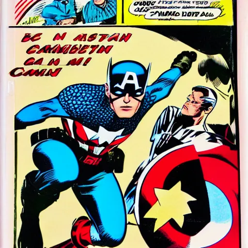 Image similar to comic book pane of captain america arresting batman, silver age of comics, Jack kirby illustration