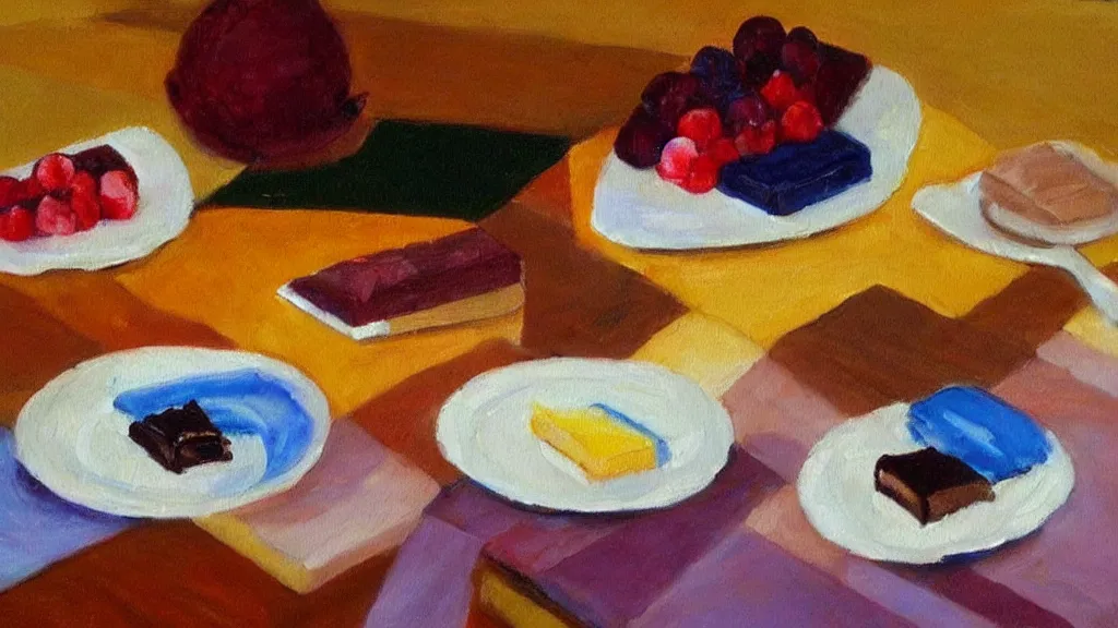 Prompt: table filled with dessert and gods Wayne Thibaud detailed oil painting color block