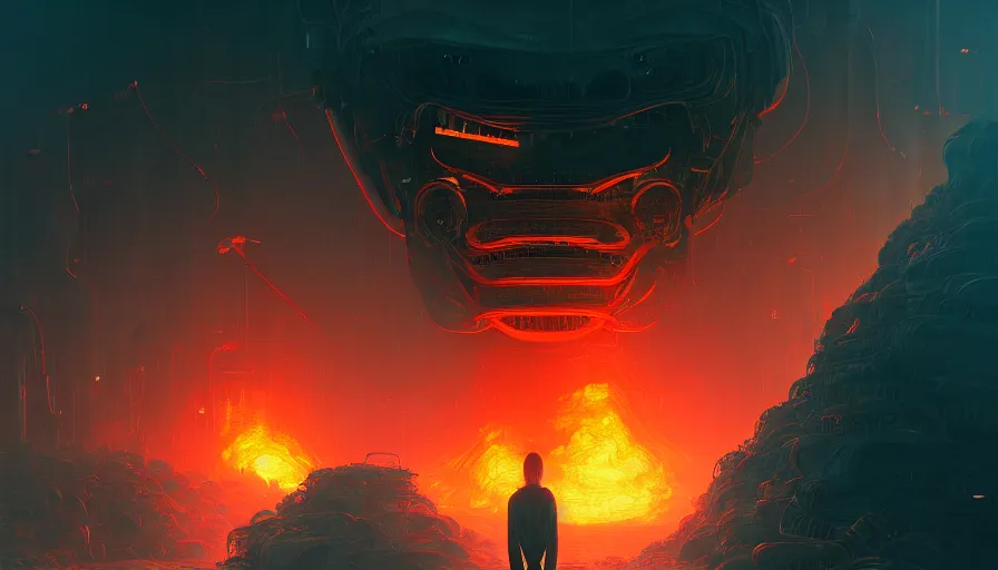 Prompt: moody portrait of a vast flaming robotic hellscape full of robotic chains and fite, path traced, environment, highly detailed, high quality, digital painting, alena aenami, lilia alvarado, shinji aramaki, karol bak, alphonse mucha, tom bagshaw