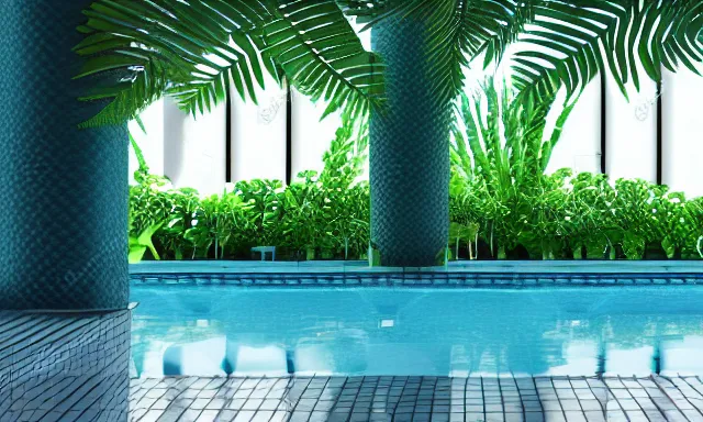 Image similar to 3d render of indoor pool with ferns and palm trees, pool tubes, chromatic abberation, dramatic lighting, depth of field, 80s photo