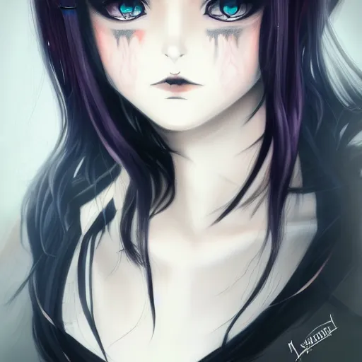 Image similar to front-facing headshot of a young gothic anime woman with black hair and golden highlights, wearing pretty makeup, drawn by WLOP, by Avetetsuya Studios, anime drawing, trending on artstation