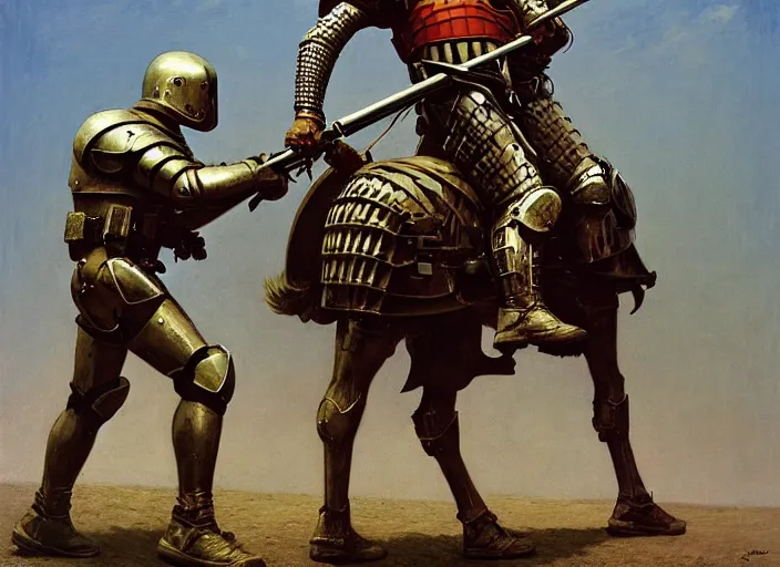 Prompt: special forces man captures the knight in armor, rome, highly detailed, soft lighting, elegant, works by edward hopper and james gillard, zdislaw beksinski, stephen outram, andreas m wiese, highly detailed