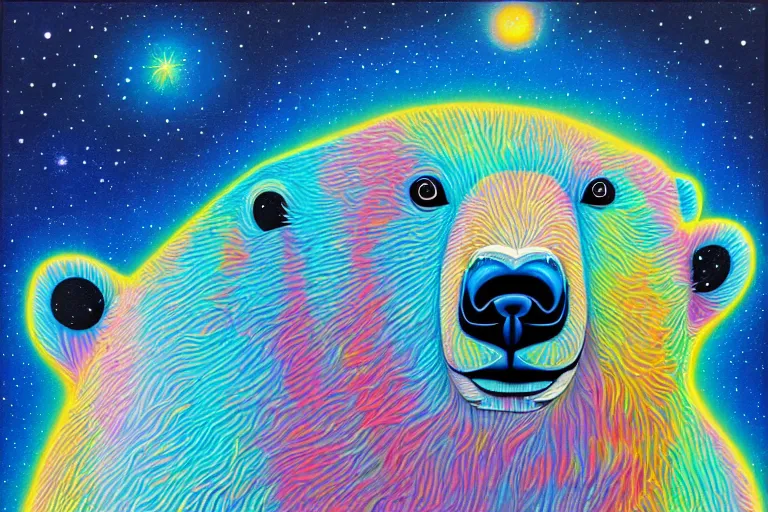 Image similar to a relaxed polar bear looking to the sky by lisa frank, alex grey, flooko, acrylic, digital art, painting,