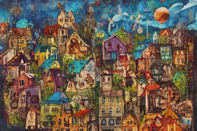 Image similar to a small fantasy town, mixed media on canvas, 2 d, whimsical,