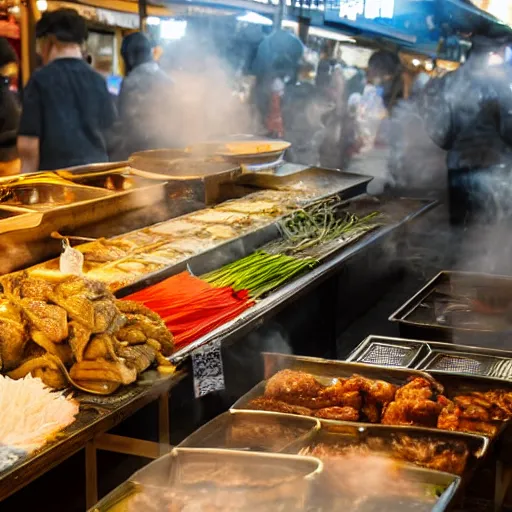 Prompt: a steamy japanese market food stall, 4 k, hd