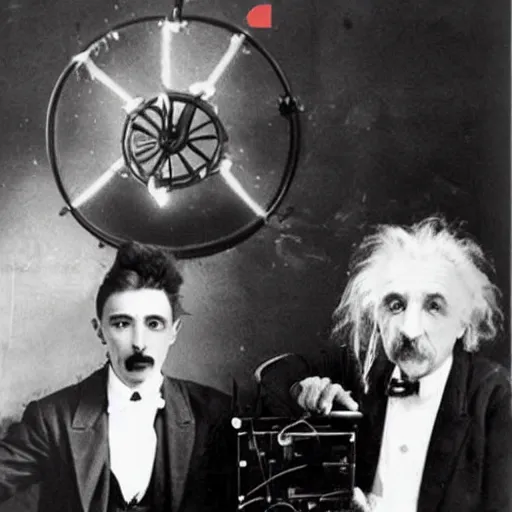 Prompt: DJ Nikolai Tesla spins some beats while MC Albert Einstein drops some dope rhymes