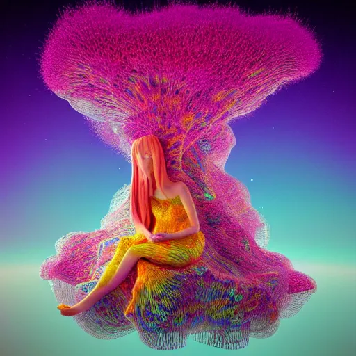 Image similar to hyper detailed 3d render like a Oil painting - kawaii Aurora (Singer) seen Eating of the Strangling network of colorful yellowcake and aerochrome and milky Fruit and Her delicate Hands hold of gossamer polyp blossoms bring iridescent fungal flowers whose spores black the foolish stars by Jacek Yerka, Mariusz Lewandowski, Houdini algorithmic generative render, Abstract brush strokes, Masterpiece, Edward Hopper and James Gilleard, Zdzislaw Beksinski, Mark Ryden, Wolfgang Lettl, hints of Yayoi Kasuma, octane render, 8k