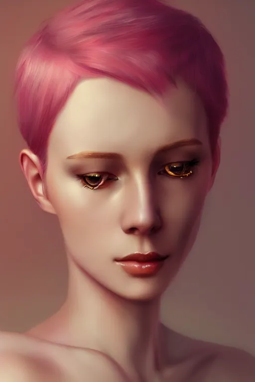 Image similar to Portrait of a beautiful pale skin Nordic female with short pink hair, elegant, photorealistic, highly detailed, artstation, smooth, sharp focus, gold ornaments, neon lighting, sci-fi, art by Klimt.