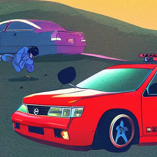 Image similar to scooby doo professionally drifting a nissan pulsar through windy roads in the hills, drawn anime style