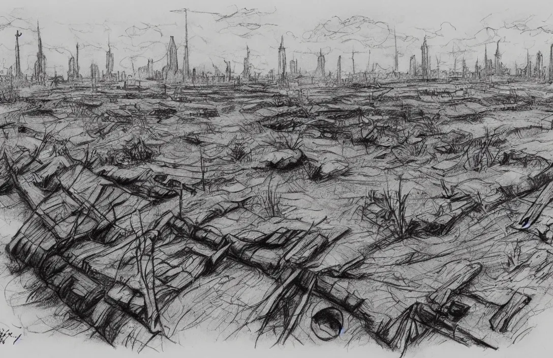 Image similar to milt kahl sketch of world war 1 trenches with the city of miami in the background