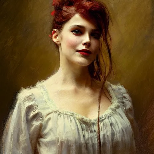 Prompt: Solomon Joseph Solomon and Richard Schmid and Jeremy Lipking victorian genre painting portrait painting of a happy young beautiful woman traditional german french actress model old west character in fantasy costume, red background