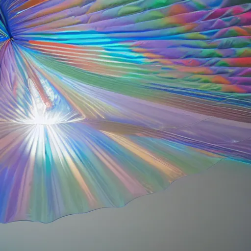 Image similar to an ultra high definition professional studio quality photograph of a transparent iridescent perspex pastel coloured inflatable abstract parachute coat in an empty white room. dramatic lighting, ray tracing, refraction, shallow d. o. f, colour corrected, golden ratio, three point light. volumetric shadows. god rays.