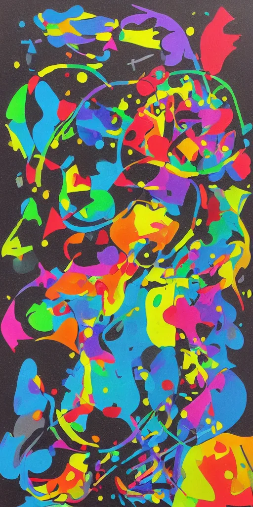 Image similar to minimalistic graffiti masterpiece, black background, psychedelic therapy, artwork by joan miro, trending on ArtStation, ink splatters, pen lines, incredible detail, creative, positive energy, happy, unique, negative space, face, artgerm