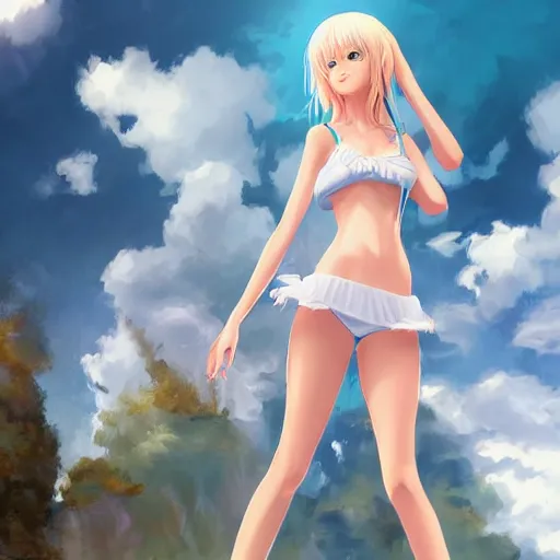 Image similar to tiny father a tall daughter picture : a very beautiful young blond anime girl, sky blue eyes, bikini, white miniskirt, highly detailed, cinematic wallpaper by stanley artgerm lau