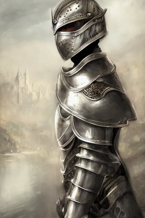 Prompt: a blonde male teenager wearing a silver plate armor, digital painting, digital art, oil painting, masterpiece, realistic and detailed face, profile picture, realistic, highly detailed, high quality, symmetrical, low contrast, trending on deviantart, soft colors, soft lighting, face portrait, beautiful, elegant, castle in the background, bokeh, artgem style