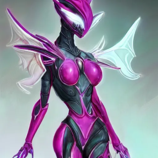 Image similar to highly detailed realistic exquisite fanart, of a beautiful female warframe, but as an anthropomorphic elegant robot female dragoness, glowing eyes, shiny and smooth off-white plated armor, bright Fuchsia skin beneath the armor, sharp claws, robot dragon four fingered hands, and robot dragon three clawed feet, royal elegant pose, full body and head shot, epic cinematic shot, professional digital art, high end digital art, DeviantArt, artstation, Furaffinity, 8k HD render, epic lighting, depth of field