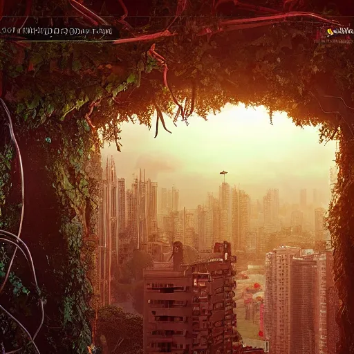 Image similar to mumbai in the year 2 0 7 0, epic, dramatic lighting from above, dark, vines, fantasy, dust, unreal engine, octane, highly detailed, concept art, dark, super realistic,