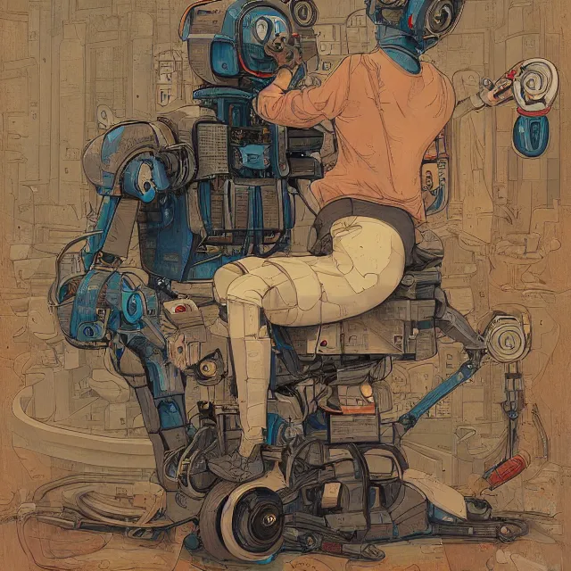 Image similar to robot artist painting a self - portrait on a canvas. intricate, highly detailed, digital matte painting, in the style of alexandros pyromallis, and in the style of sachin teng, and in the style of hans thoma, and in the style of william andrew loomis. irony, recursion, inspiration.