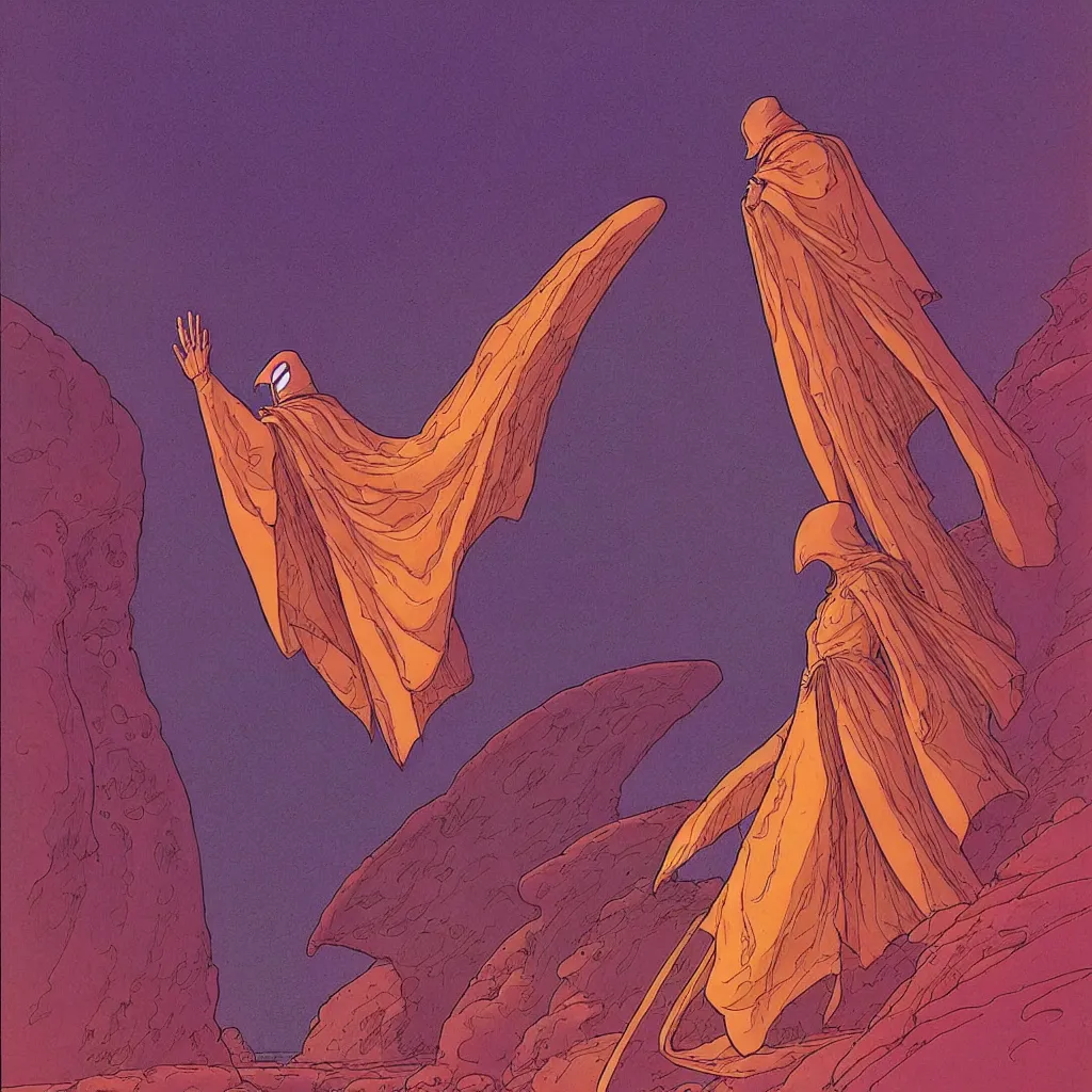 Prompt: centered portrait of illustration, a person with a short cloak traveling in a space ship, volumetric, awesome scheme, intrincate, art by jean giraud and moebius
