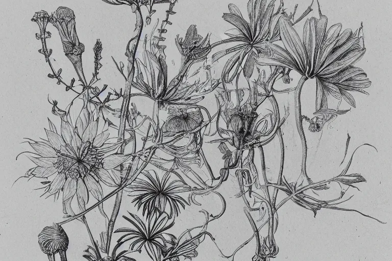 Image similar to botanical drawing of alien flora, sketchy, aged paper, intricate details, labelled