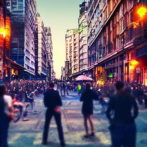 Image similar to people sitting in rows of desks in the middle of a city street, first person view from back row, dream - like atmosphere, high quality digital art