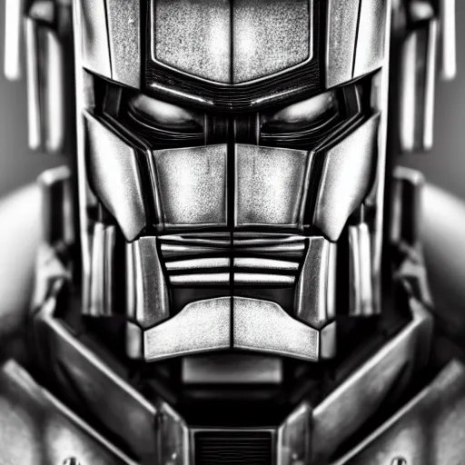 Prompt: symmetrical, close up face portrait of Optimus Prime, scowling, studio lighting, depth of field, photography, black and white, highly detailed