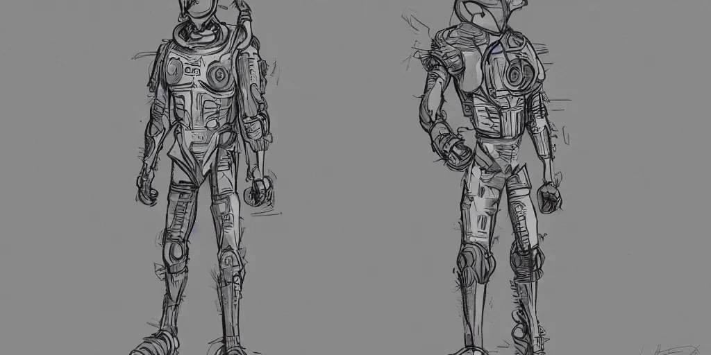 Image similar to male, fully body, elongated figure, science fiction space suit with a helmet, large shoulders, short torso, long thin legs, tiny feet, character sheet, funko, digital sketch, hyperdetailed, dieselpunk, stylized character design, concept design, in the style of mike mignola