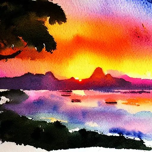 Prompt: iridescent watercolor painting of sunset RIo de Janiero