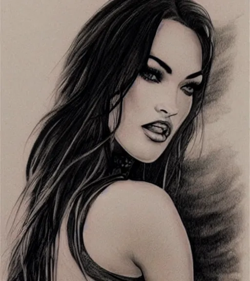 Image similar to tattoo design sketch of megan fox portrait against a background of the most beautiful nature, hyper - realistic, in the style of den yakovlev, amazing detail, black and white