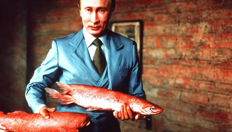 Image similar to 7 0 s movie still of putin in butcher outfit, proudly holding a salmon. cinestill 8 0 0 t _ 3 5 mm eastmancolor, heavy grain, high quality, high detail