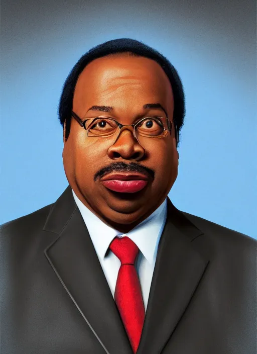 Prompt: ( ( ( portrait of leslie david baker as stanley hudson of the office television series ) ) ) by mike campau, head to waist, red background photorealistic, octane render, vibrant colors, unreal engine, dynamic lighting, perfect factions, very detailed faces, intricate detail, trending on artstation, poster, volumetric lighting, 4 k, award winning