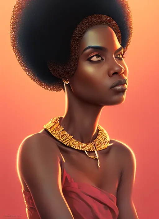 Image similar to portrait of young black woman with afro puffs, afro - futurist style, intricate, elegant gleaming jewelry, angelic halo, highly detailed, digital painting, artstation, concept art, smooth, sharp focus, illustration, art by wlop, mars ravelo and greg rutkowski