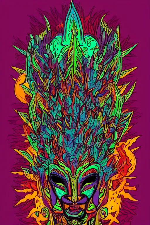 Image similar to animal mask totem roots flower tribal feather gemstone plant wood rock shaman vodoo video game vector cutout illustration vivid multicolor borderlands comics by josan gonzales and dan mumford radiating a glowing aura