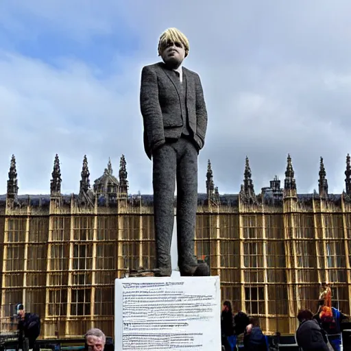 Prompt: a stone sculpture of boris johnson on a plinth outside the houses of parliament