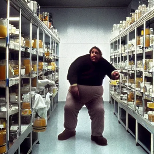 Prompt: filmic wide shot color ground level angle movie still 35mm film photograph of the full body of a obese man eating mayonnaise out of a jar inside a lab, in the style of nature documentary footage, The Thing 1982