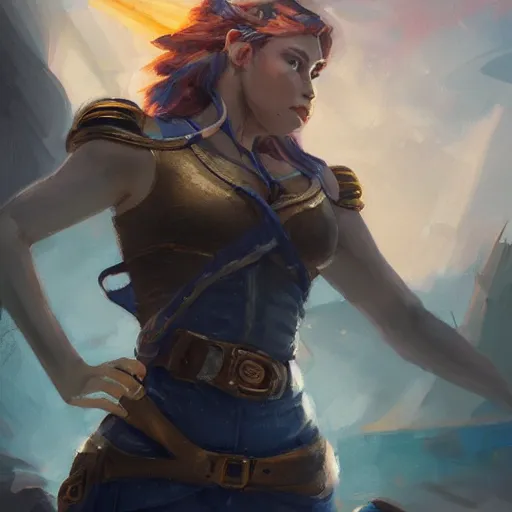 Image similar to beautiful muscular female gnome mechanic, casting lightning magic, short black pixie undercut hair, standing on ship deck, naval background, intricate, D&D, highly detailed, full body portrait, wide angle, digital painting, artstation, smooth, sharp focus, great composition, illustration, art by Greg Rutkowski, trending on artstation