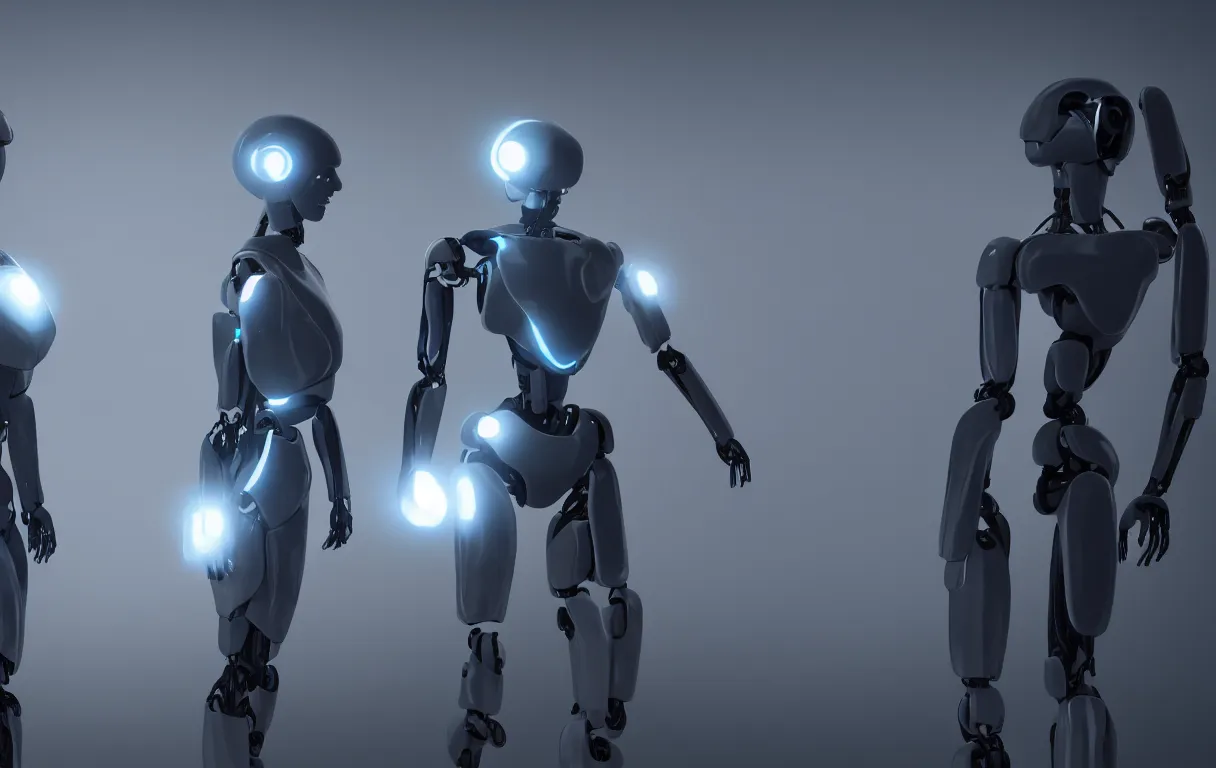 Image similar to a concept art of two ai androids facing each other while their eyes are closed unreal engine 5 render