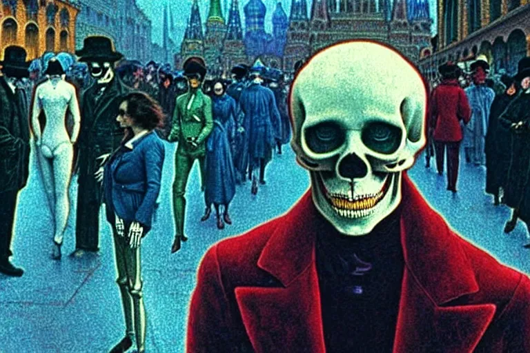 Image similar to realistic detailed photorealistic film closeup portrait shot of a single skeleton wearing crimson velvet blazer in a crowded futuristic moscow street by Denis Villeneuve, Amano, Yves Tanguy, Alphonse Mucha, Ernst Haeckel, Andrei Tarkovsky, Edward Robert Hughes, Roger Dean, rich moody colours, wide angle, blue eyes